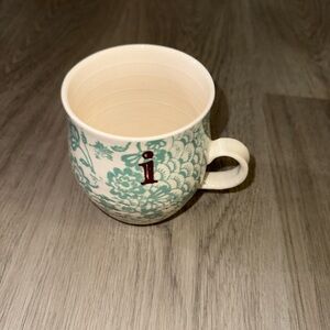 Anthropologie Teal Floral Ceramic Mug Monogram Letter “i” Initial